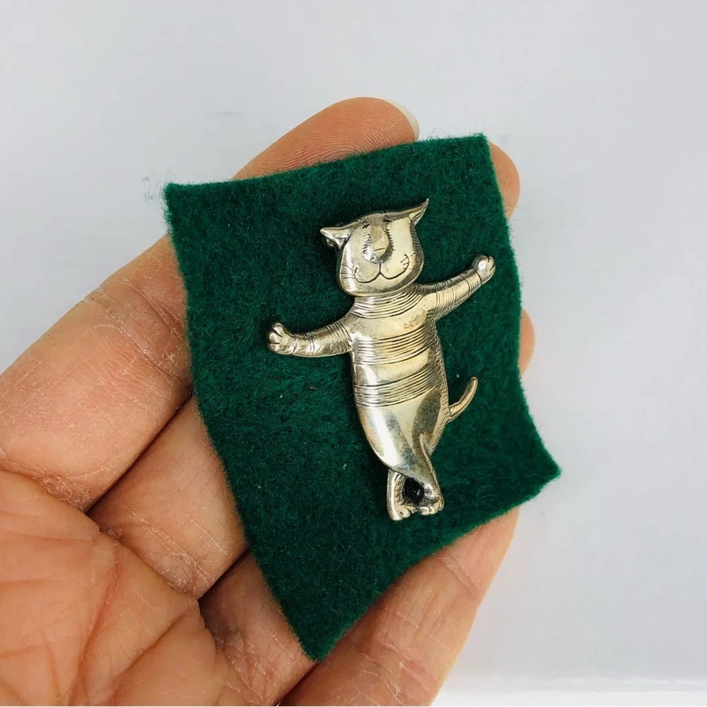 EMAN GOVEY Sterling Silver 925 Wimsical Etched Dancing Cat Kitty Brooch Pin Gift - Picture 4 of 9